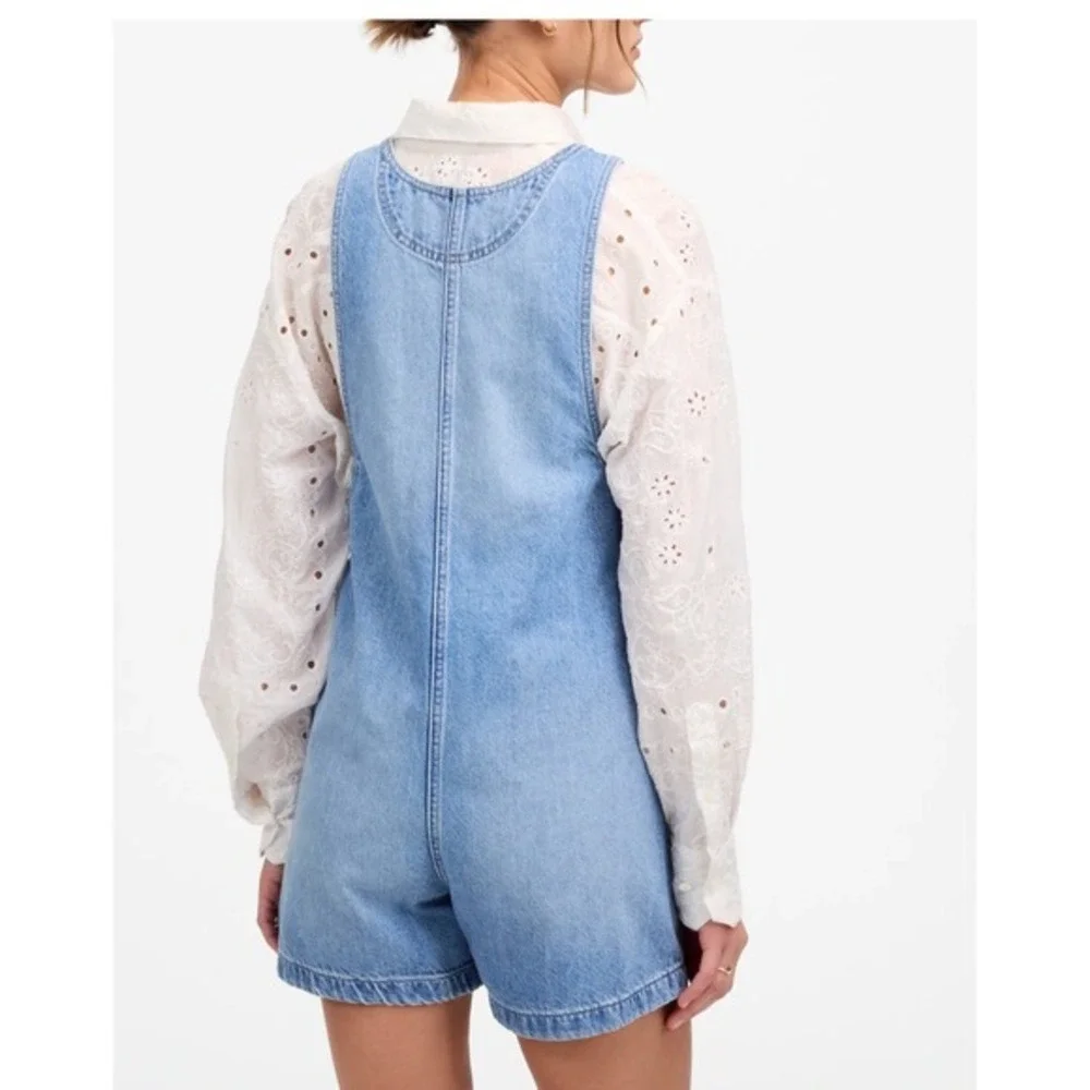 Madewell Scoopneck Denim Shortalls Chambray‎ Blue XXS Button Front Patch Pockets - Picture 2 of 14